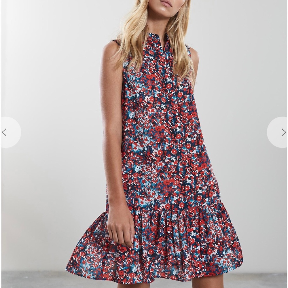 REISS Vali Ditsy Floral Print Dress Drop Waist Ruffle Hem Detail Sleeveless Sz 8